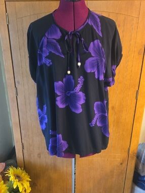 183 Black Blouse with Purple Floral Print and Tie-Neck Detail